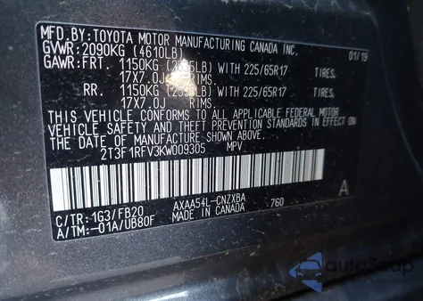 2019 Toyota Rav4 Le from USA, damaged, VIN 2T3F1RFV3KW009305